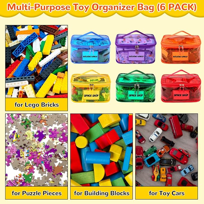 Tesuko 6 Pack Clear Toy Storage Bag with Name Tag& Manual Pocket, Waterproof Transparent PVC Toy Organizer Case for Lego Bricks, Board Games, Building Blocks, Puzzles (Large Capacity, Full Colourful) - Image 5