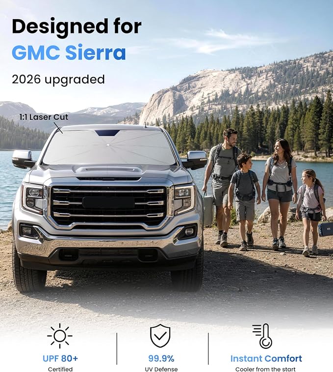 Zanch Windshield Sun Shade Umbrella : GMC Sierra 1500/2500/3500 2000-2026 | [99% UV Protection, Up to 75℉ Cooler] Custom-Fit, No Sagging, Scratch-Free Interior, Foldable Front Sunshade Umbrella - Image 2