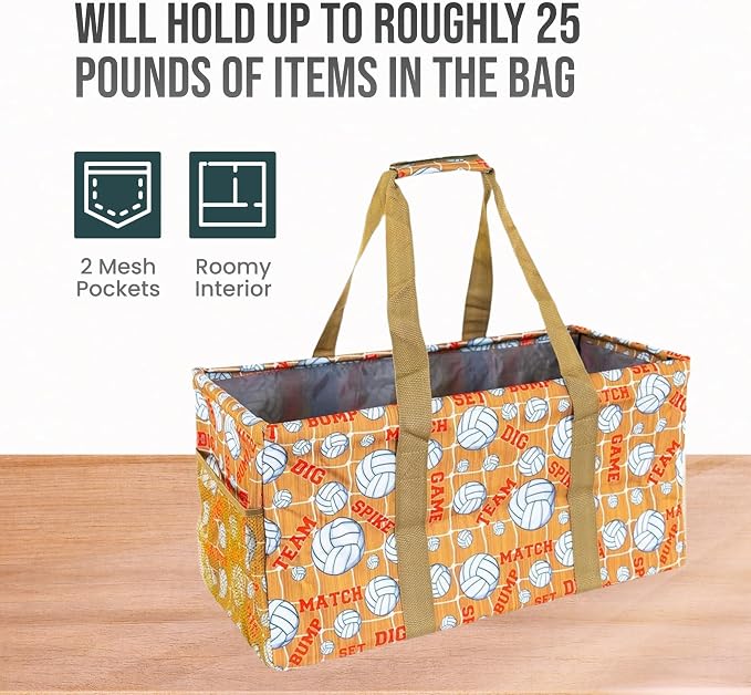 Extra Large Utility Tote Bag - Oversized Collapsible Reusable Wire Frame Rectangular Canvas Basket With Two Exterior Pockets For Beach, Pool, Laundry, Car Trunk, Storage - Volleyball - Image 5
