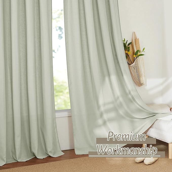 RYB HOME Linen Sheer Curtains 2 Panels for Living Room, Semi Transparent Privacy Drapes with Rod Pocket Farmhouse Style Window Treatments for Bedroom, Sage Green, 52" W x 95" L - Image 8
