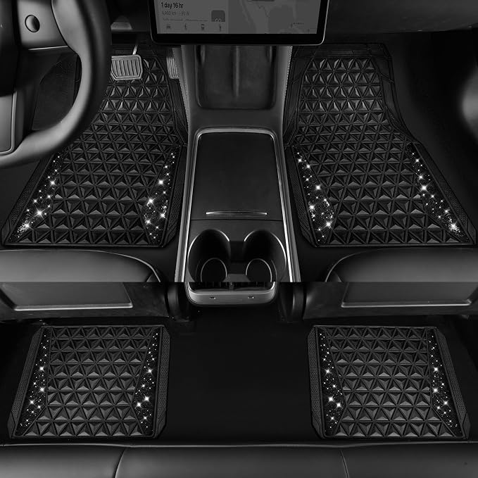 CAR PASS Bling Diamond Car Mats Rubber Floor Mats Full Set Anti-Slip 3D Rhombus Waterproof Trim to Fit Liner Universal Glitter Crystal Sparkly Shining Rhinestone Girl Women SUV Sedan, Black Diamond - Image 3
