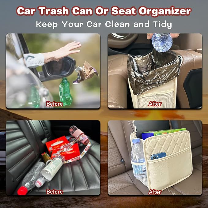 Witaxima 2 Pack Upgraded Car Seat Organizer Backseat with Storage Pockets, Multipurpose Car Organizer Hanging Car Trash Bag Premium PU Leather Garbage Can 2.14 Gallon Large Capacity Accessories Beige - Image 4