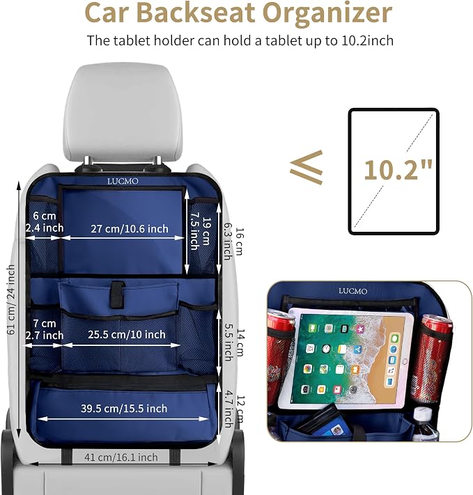 LUCMO Car Backseat Organizer with Touch Screen Tablet Holder,Dark Blue | 2 Pcs,9 Storage Pockets,Clear Tablet Holder,Protectors Kick Mats,Travel Accessories,Seat Cover,Road Trip Essentials - Image 6