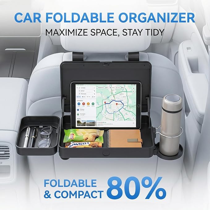 Car Back Seat Tray Table - Foldable & Adjustable Travel Desk for Eating, Working, Gaming | Sturdy Plastic Snack Lap Tray for Adults | Fits SUV, Sedan, Minivan (Folding Storage Box) - Image 3