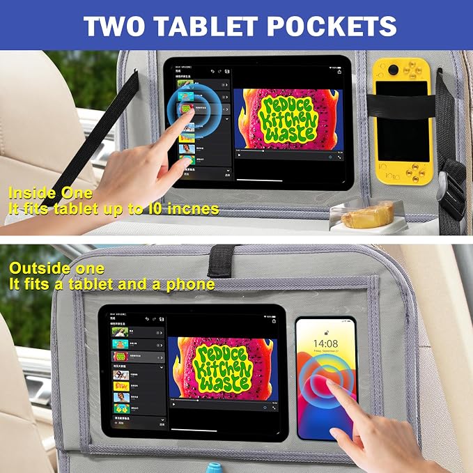2Pack Car Backseat Organizer with Foldable Table Tray,6 Storage Pockets Car Storage Organizer with Tablet Holder,Car Seat Back Protectors Kick Mats Travel Accessories (Grey) - Image 4