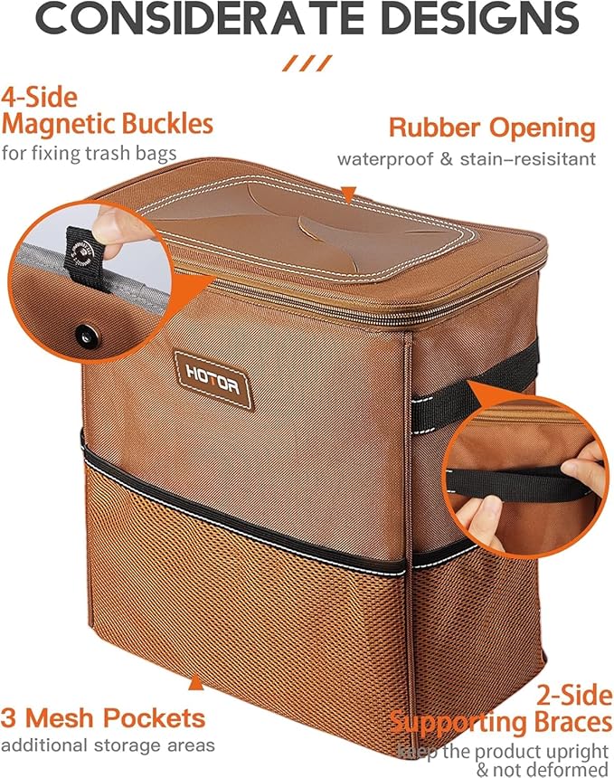 HOTOR Car Trash Can, Compact Waterproof Organizer, Leak-Proof Bin, 3-Gallon | Brown, Multifunctional Car Accessory with Adjustable Straps & Magnetic Snaps for Interior Car Storage - Image 4