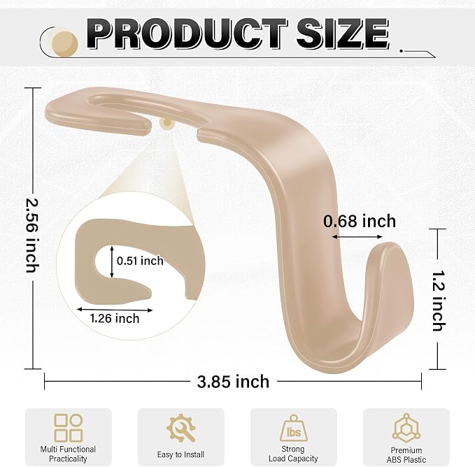 SINGARO 4 Pack Car Seat Headrest Hooks, Vehicle Back Seat Hanger Storage Organizer for Purse Handbag Backpack Coat Grocery, 360° Rotating Heavy Duty Holds 44lbs, Beige - Image 2