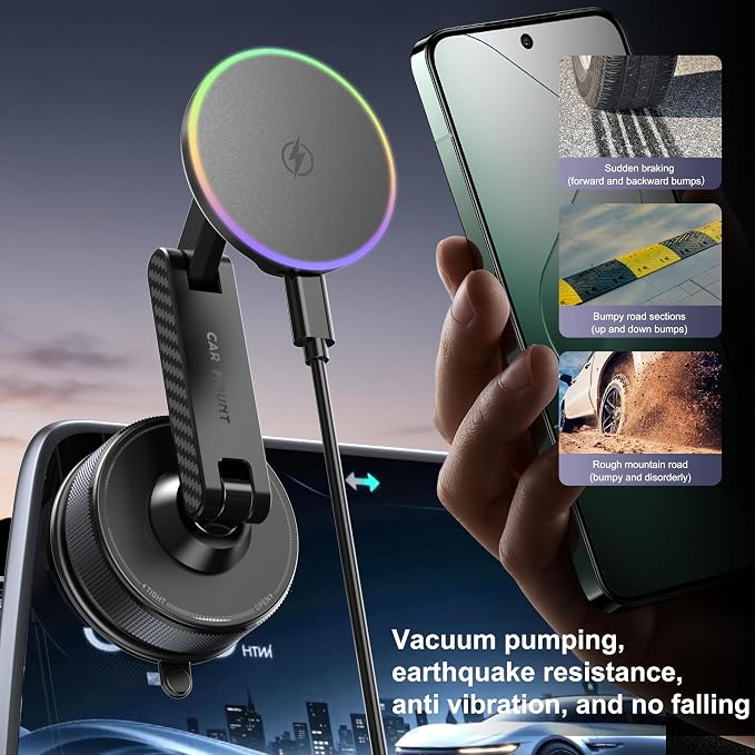 15W Magsafe Car Phone Mount Charger,Vacuum Car Phone Holder Charger,360° Adjustable Magnetic Cell Phone Holders for Car,Wireless Charging Mount for iPhone 17-12 Pro Max Plus Car Accessories - Image 4