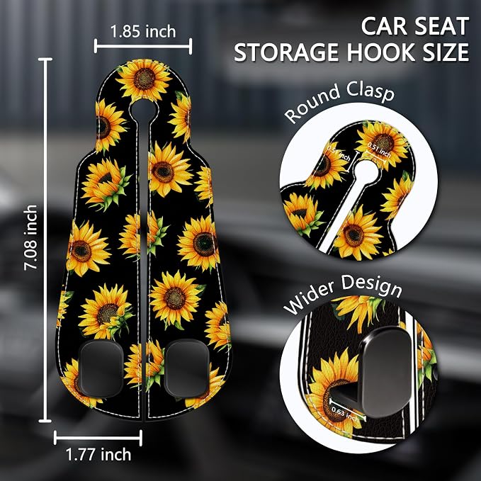 Blusabaca 2PCS Car Seat Headrest Hooks, Purses Bags Holder, Sunflower | PU Leather, Double Metal Back Storage Hangers for Grocery Bags Handbags Bottles Coats Phones, Car Accessories Organization - Image 5