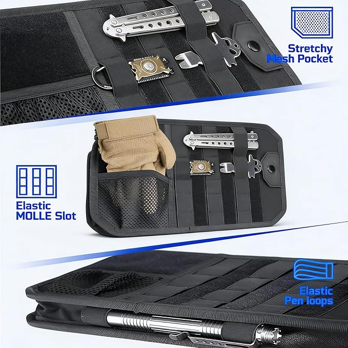 Molle Car Sun Visor Organizer,Car Accessories with Zipper Visor Storage Pouch&Glasses Clip&Adjustable Straps, Semi-Rigid Molle Panel for Tactical Gears, Fits Most Vehicles, SUVs (Black) - Image 6