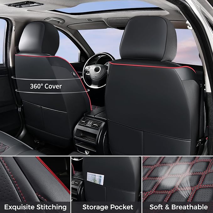 Huidasource 2018-2026 Wrangler JL Seat Covers Full Set, Waterproof Custom Fit Seat Cushion Protector for Jeep Wrangler JL 4-Door Sahara Sport Rubicon, Without Rear Cupholder (Full Set/Red Line) - Image 3