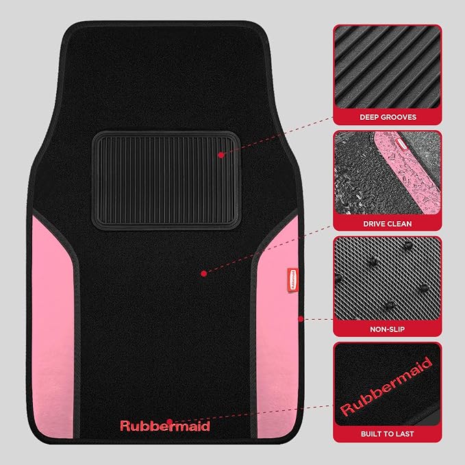 Rubbermaid Car Mats, Carpeted Floor Car Mat with Faux Leather & Built-in Heel Pad, Two-Tone Car Rug Floor Mats, Stylish Carpeted Floor Mats for Cars, Trucks & SUVs Pink Color - Image 3