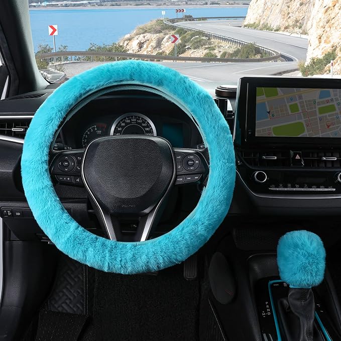 SEG Direct Fluffy Furry Steering Wheel Cover, Fuzzy Gear Shift Cover, Cyan | Gear Shift Cover, 2 PCS Set, Soft and Warm, Cute Fur Auto Car Decor, Standard Size 14.5- 15 inch for Women Men - Image 2