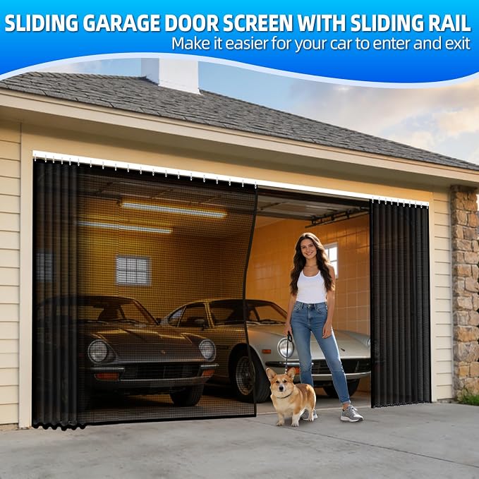 Sliding Garage Door Screen 2 Car with Track Closure 16x7Ft Retractable | Retractable Privacy Curtain Keep Annoying Animals Out Easy Install Heavy Duty Fiberglass Mesh Net for 2 Car Garage B1 - Image 2
