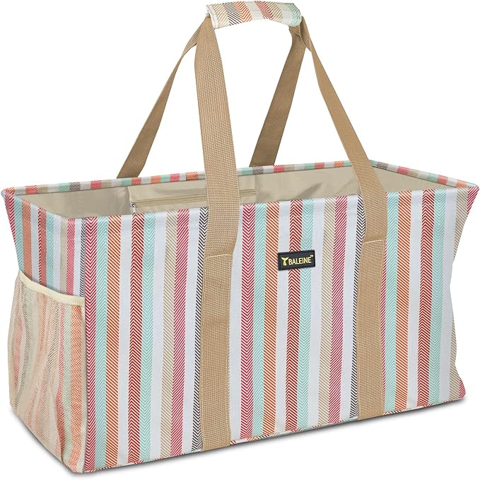 BALEINE Extra Large Utility Tote Bag with Reinforced Wire Frame, Reusable Grocery Bag for Shopping, Picnic (Color Stripe, 22''x12''x10'') by BALEINE