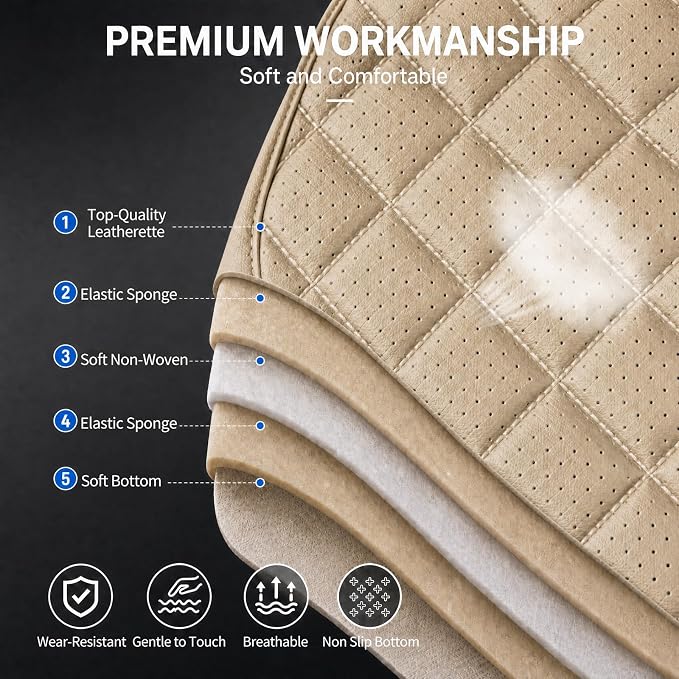 for Subaru Forester 2009-2026 Car Seat Covers, Full Set, Beige | Luxury Full Coverage Leather Seat Protectors, Waterproof Breathable, Non-Slip, Easy to Install, Airbag Compatible, All-Season - Image 8