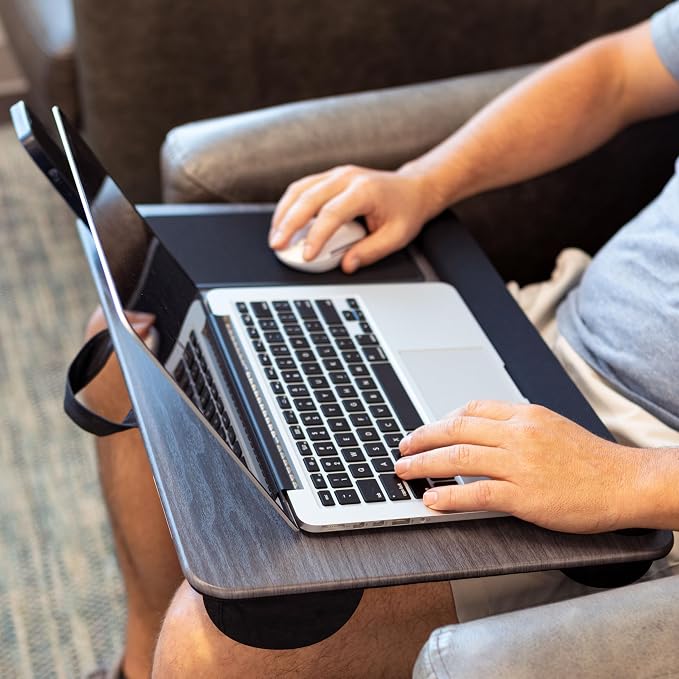 LAPGEAR Home Office Pro Lap Desk - Gray Woodgrain, Fits 15.6” Laptops | Built-In Mouse Pad & Phone Slot, Wide Cushioned Wrist Rest, Dual-Bolster Microbead Cushion, Carry Handle - Image 6