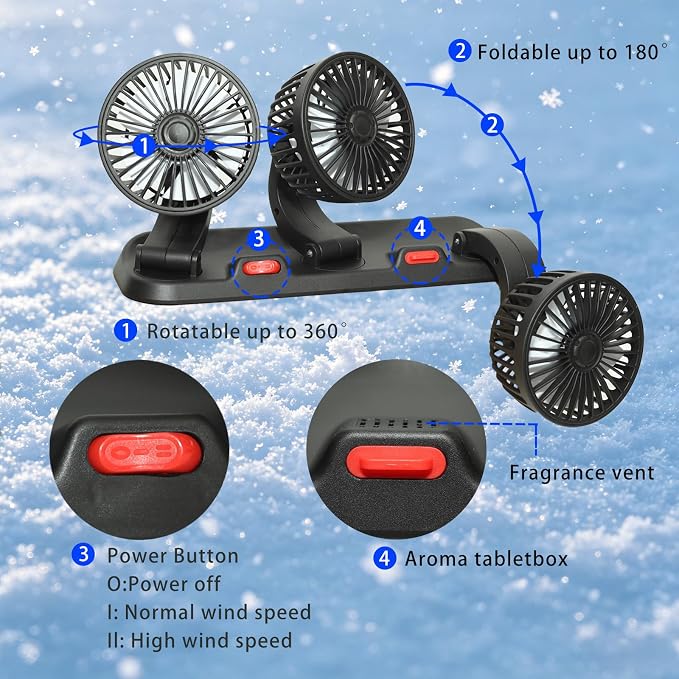 Portable 3-Head Car Cooling Fan-360°Rotation,2 Speeds, Dashboard Fans for SUV/RV/Truck/Sedan/Office,USB Powered (3-Head 5V) - Image 8