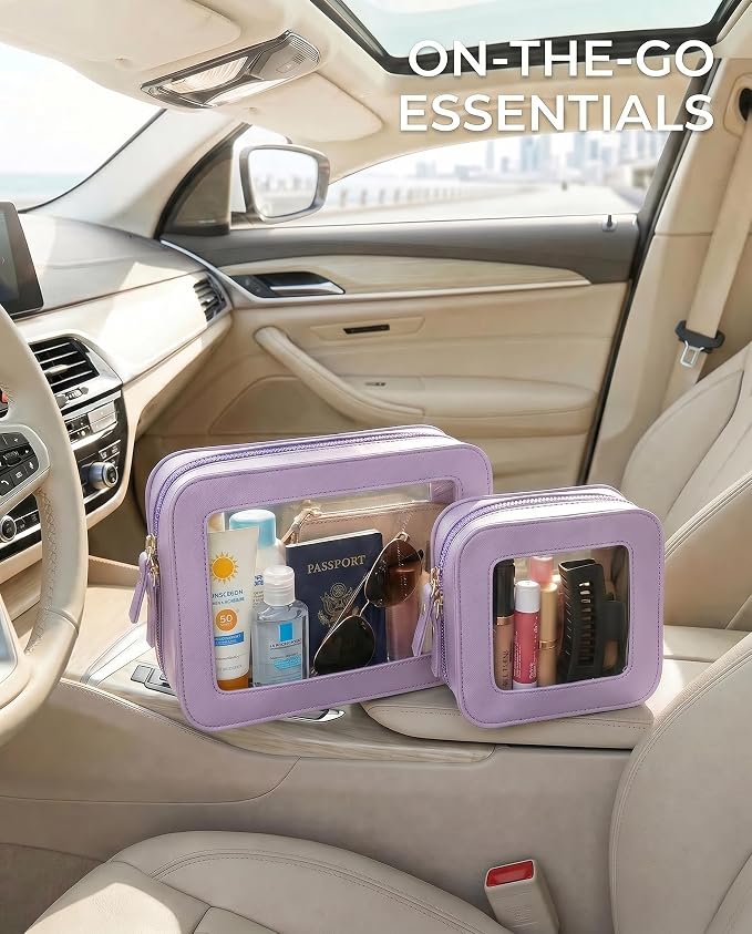 Makeup Bag Set Cosmetic Pouch for Women Waterproof PU Leather,Travel Toiletry Bag Cute Makeup Organizer Purse Pouch Preppy Pencil Case with Zipper (2Pack-Standard&Square, Purple) - Image 5