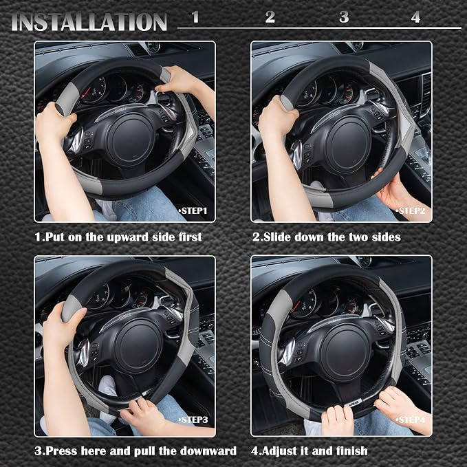 CAR PASS Line Rider Microfiber Leather Sporty Steering Wheel Cover Universal Fits for 95% Truck,SUV,Cars,14.5-15inch Anti-Slip Safety Comfortable Desgin (Black-Gray) - Image 5