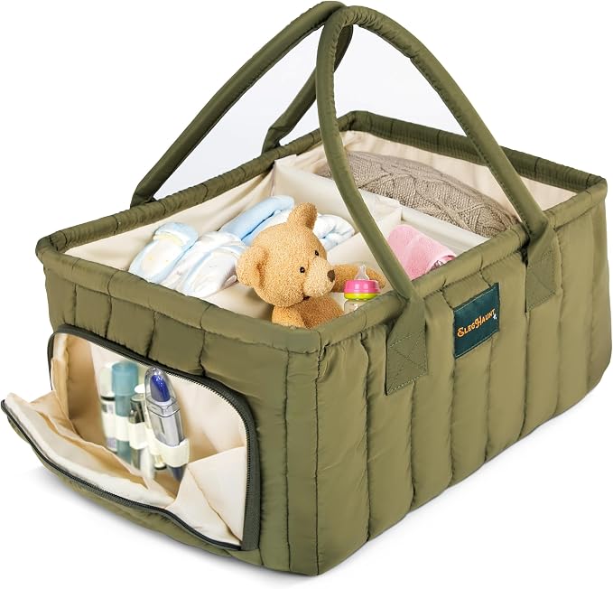 Large Diaper Caddy Organizer with Handle Neutral Boy Girl – Baby Basket for Nursery, Car, Changing Table – Portable Baby Storage with Compartments – Perfect for New Parents and Baby Shower Gifts by ElegHaunt