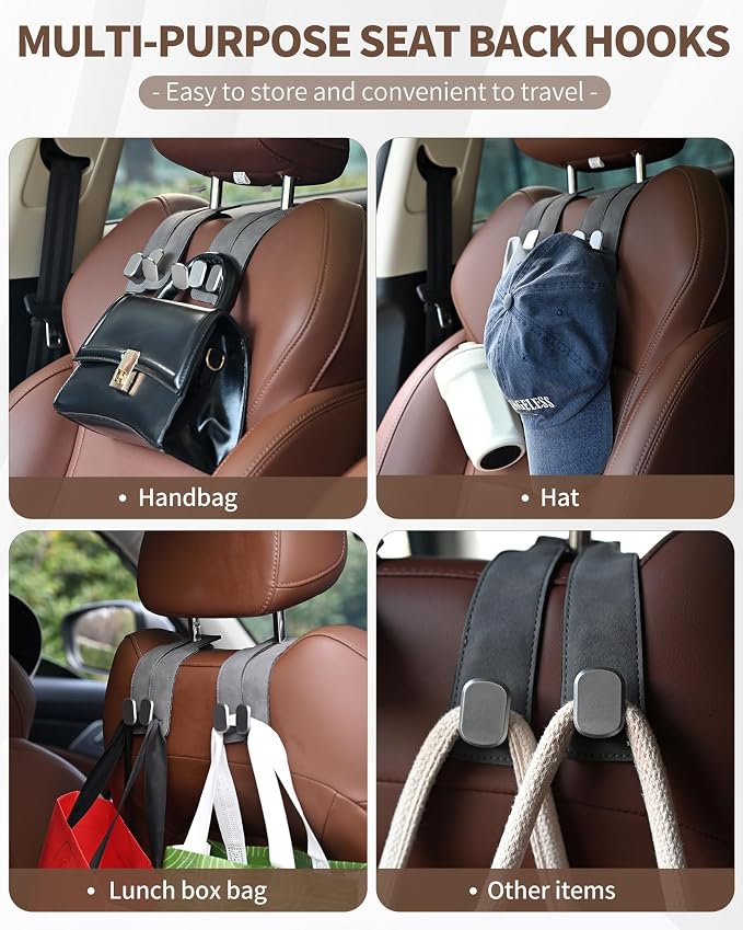 Headrest Hooks for Car, 4 Pack Car Seat Back Organizer Storage Hook, Double Hook Car Seat Hooks for Hanger Purses and Bags, Leather Purse Holder for Car, Grey - Image 7
