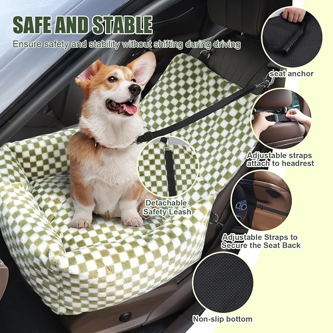 Dog Car Seat for Small Dogs,Medium Dog Car Bed with Detachable Washable Cover,Pet Puppy Booster Cars Seats with Safety Belt Up to 30 lbs(Grid Green) - Image 4