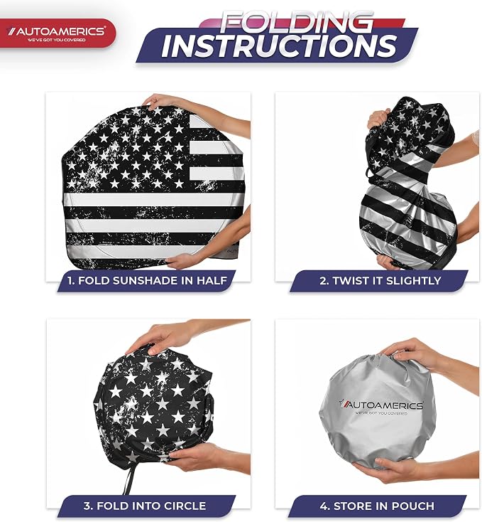 Autoamerics Truck Windshield Sun Shade with Storage Pouch & Anti-Slip Dash Pad - Foldable Grunge B&W USA Flag Design - Fits Most SUVs & Trucks - Reflective 230T Material | X-Large (66 x 36 inches) - Image 8