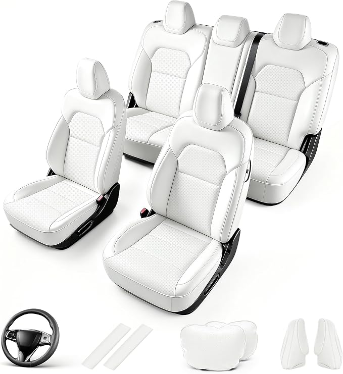 AOMSAZTO Seat Cover for Tesla Model 3 2024-2025(Not Performance) | Faux Leather,Waterproof,Airbag Compatible,5-Pieces Set with Seatbelt,Steering Wheel Covers,Side Bolster Cover&Headrests-Black by AOMSAZTO