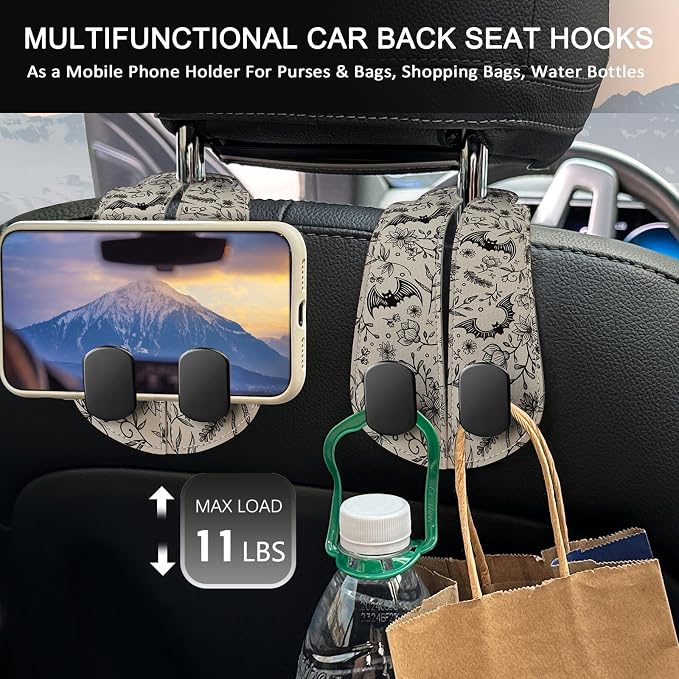 Blusabaca 2PCS Car Seat Headrest Hooks, Purses Bags Holder, Goth Bats | PU Leather, Double Metal Back Storage Hangers for Grocery Bags Handbags Bottles Coats Phones, Car Accessories Organization - Image 3