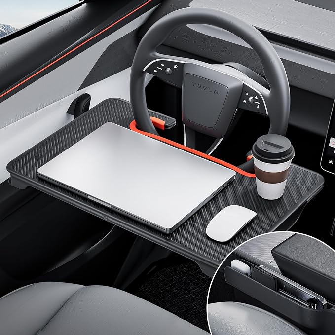 YONZEE 2-in-1 Car Steering Wheel Desk Tray & Car Seat Gap Filler Organizer – Foldable Carbon Fiber Look Table for Laptop, Eating, Writing – for Standard Round Steering Wheels by YONZEE