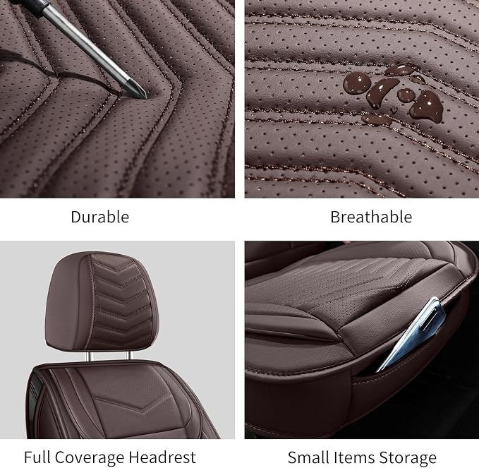 HChengkikz Nappa Leather Car Seat Covers Full Set, Brown Car seat Protector 5 Seats, Waterproof Car Seat Cushion, Universal Automotive Seat Covers Fit for SUV Truck Pick-up Sedan, Front and Rear | Easy Maintenance, Airbag Compatible, Universal Fit For ... - Image 9