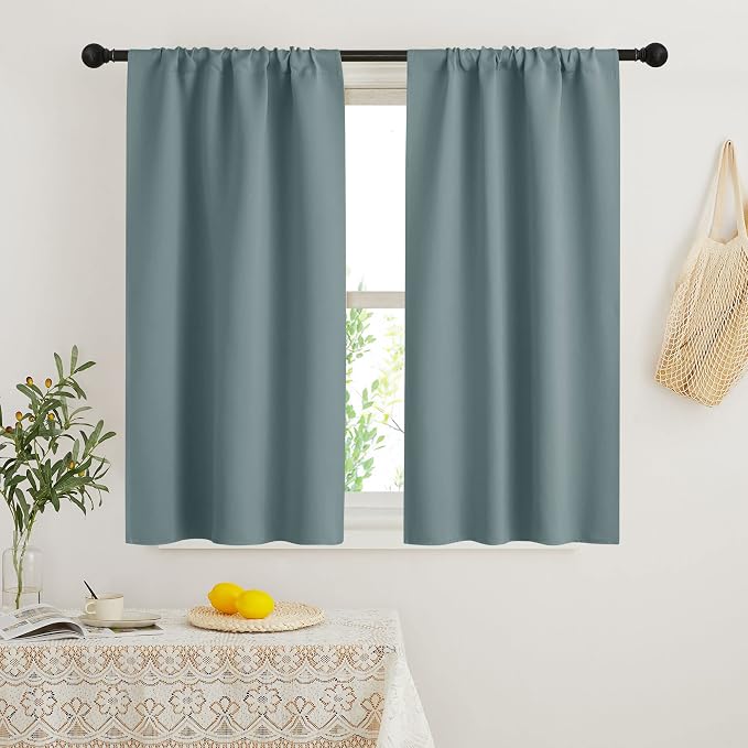 RYB HOME Blackout French Door Window Curtain Coverings, Rod Pocket | Thermal Insulated,Privacy Protection,Non See Through,Drapes for Small Window Bathroom Kitchen,W29 x L45,Dusty Blue,2 Panels by RYBHOME