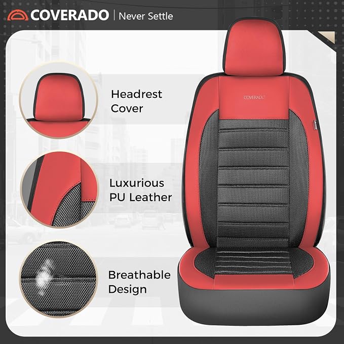 Coverado Car Seat Covers Full Set, Luxury Leather Car Seat Covers, Automotive Front and Rear Mesh Seat Covers, Full Set 5 Seats, Black Red Seat Covers for SUV Sedan Truck - Image 7