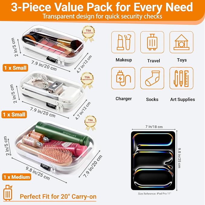YQBRAO Clear Hard Shell Zipper Cases, 6 Travel Organizers, 2M 4S, White | Rigid clear shells in two practical sizes separate toiletries, skincare, cosmetics, chargers and frequently used accessories - Image 4