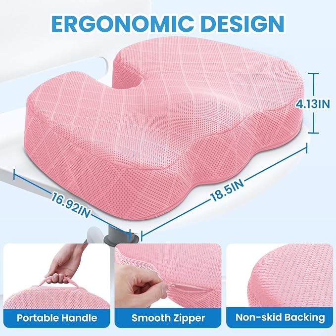 Seat Cushion, Memory Foam Office Chair Cushion - Pink, XX-Large | for Car Seat, Airplane, Desk Chair - Sciatica & Hip & Coccyx Pain Relief Cushion for Long Sitting Office Workers, Car Drivers - Image 2