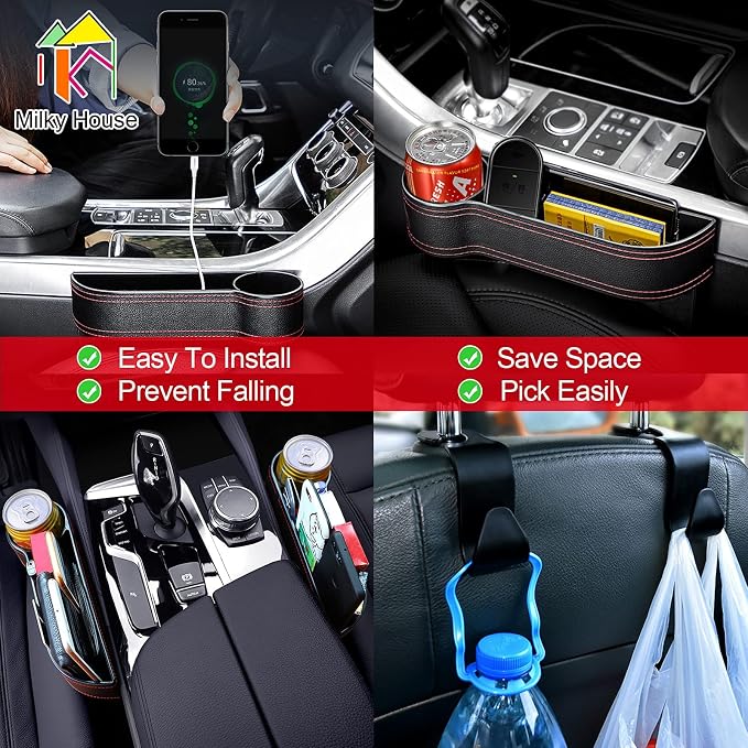 2 Set Car Seat Gap Organizer, Car Gap Filler Storage Boxes, PU Leather Front Seat Console Side Pocket Bags with Cup Holder 4 Hooks, Automotive Storage Box for Phone, Drinks, Cards, Sunglasses, Black - Image 2