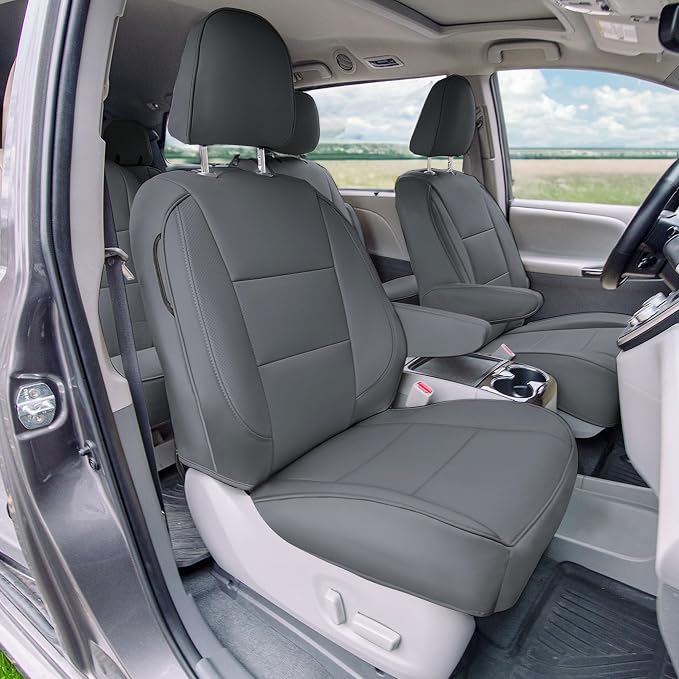 FH Group Custom Fit Car Seat Covers Specifically Made for 2011-2020 Toyota Sienna 7 Passenger, Car Seat Cover Front Set, Automotive Seat Covers in Solid Gray Faux Leather, Waterproof and Washable - Image 2