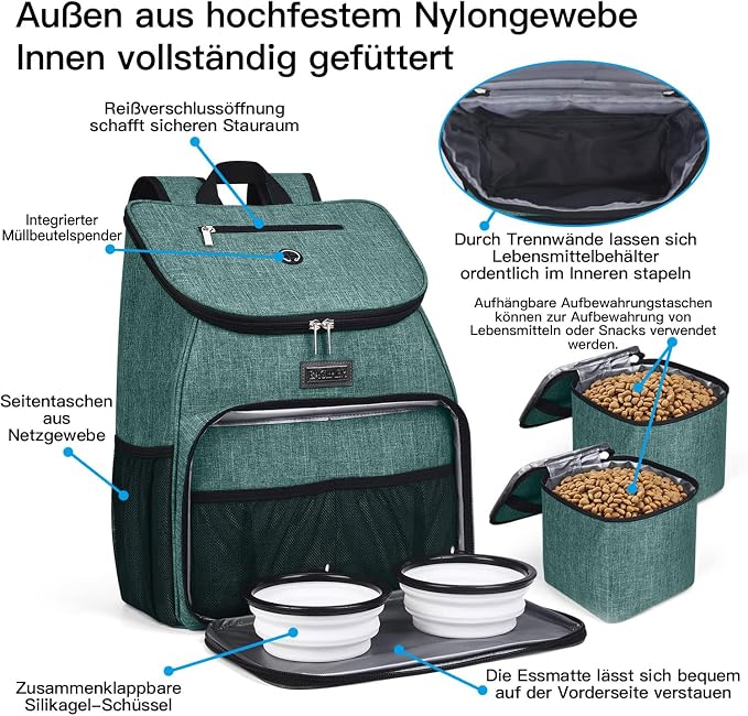 BAGLHER丨Dog Travel Bag, Airline Approved Pet Supplies Backpack, Dog Travel Backpack Accessories Set with 2 Silicone Collapsible Bowls and 2 Food Baskets. Green - Image 4