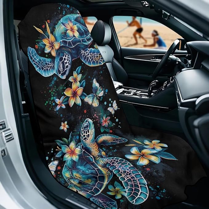 Boho Sea Turtle Car Seat Towel with Storage Bag Sweat Auto Seat Towel Cover Sea Turtle Flower Car Interior Accessories for Women Universal Non Slip Waterproof Protector for Beach Yoga Towels - Image 2