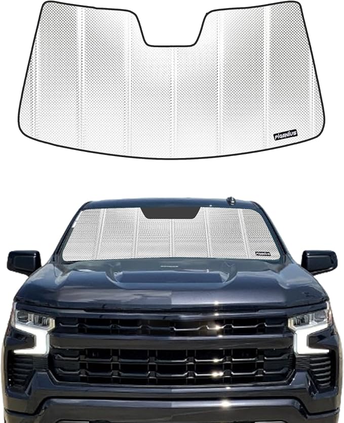 Windshield Sun Shade for Chevy Silverado GMC Sierra 1500 2500 3500 2019-2026 (WT, Custom, Pro Trims), Fits All Trims 2019-2021, Non-HUD Models Only, Reflective Aluminum Film - BLAZBLOCK by Pigenius