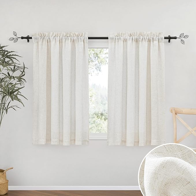 RYB HOME Short Semi Sheer Curtains for Small Window 45 inches Long | Light Filtering Privacy, Boho Country Rustic, Kitchen Cafe Bathroom RV Camper, Rod Pocket, W34 x L45, Linen, 2 Panels by RYBHOME