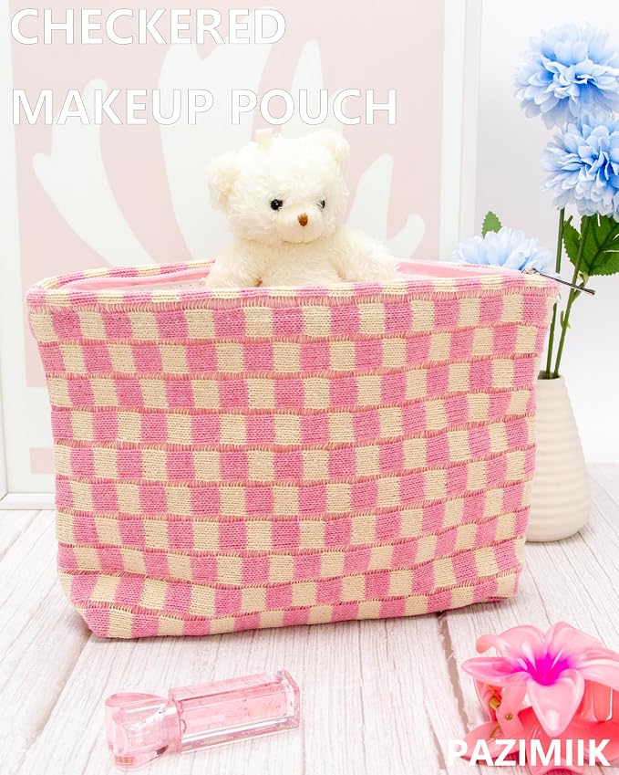 Checkered Makeup Bag for Purse, Small Flat Cosmetic Pouch,Pink Beige | Cute Zipper Makeup Organizer for Women, Travel Essentials, Toiletries, Makeup Brushes, Beauty Accessories&Bridesmaid Gifts - Image 2