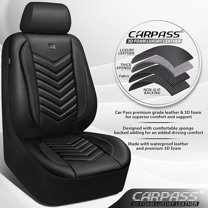 CAR PASS 3D Foam Faux Leather Seat Covers Front Seats,Waterproof Leather Front Seat Cover for Cars,Luxury Universal Fit for SUV Truck Sedan Automotive, Armrest Airbag Compatible Anti-Slip, Black - Image 4