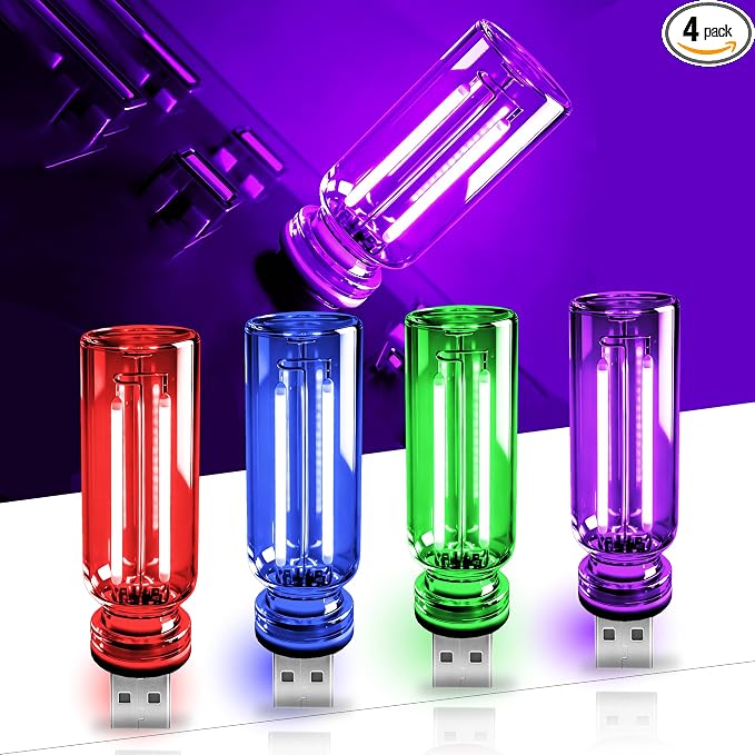 4 PCS USB Touch Dimmable Retro Glass Bottle Car Night Light | Portable design, 4 colors: Red Blue Green Purple, fits car interior, bedroom, hallway, indoor outdoor decor by Unknown