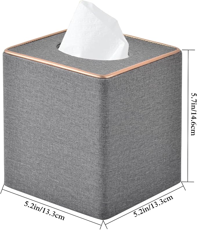 Linen Square Tissue Box Holder Cube Tissue Box Cover－Rosegold Leather Recorate,Napkin Holder Case Dispenser, Tissue Holders with Magnetic Bottom for Home Office Car Hotel Restaurant,Grey - Image 4