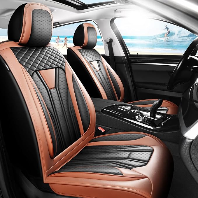 Fit Prius Premium Leather Car Seat Covers for Toyota Prius 2001-2025 2026 - Waterproof，Breathable，All-Weather Seat Cushion Protecto & Airbag Compatible, Full Set Brown&Black by Unknown