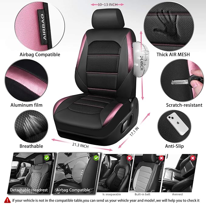 CAR PASS Memory Foam Car Seat Covers,Air Cool Mesh Thick Seat Covers Front Seats,Pink Metal Film Leather Seat Cover for Car,Universal Automotive Comfort for Most Car,Truck,Airbag Compatible,Black Pink - Image 4