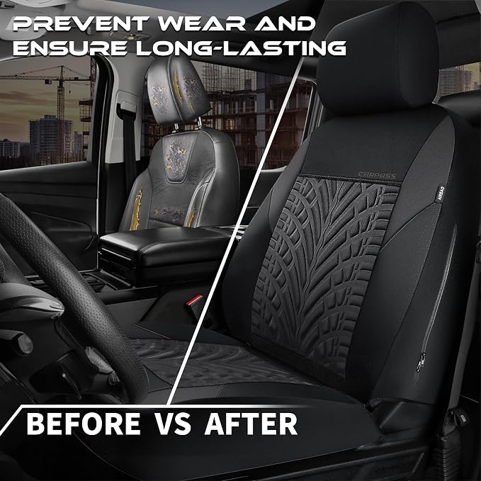 CAR PASS Neoprene Waterproof Seat Covers Two Front, Wetsuit Car Seat Covers 2pcs Universal Fit for Vans, Truck, SUV, 3D Tyre Embossed Seat Covers Anti Slip with Armrests, Aibag Compatible(Black Gray) - Image 6