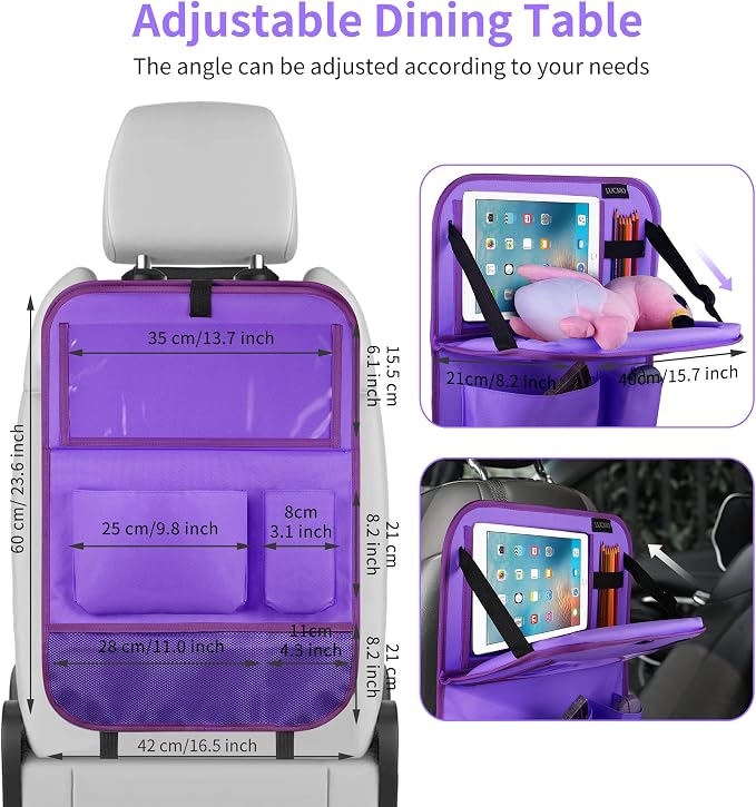 LUCMO Car Backseat Organizer with Foldable Tablet Holder, Dark Purple | 2 Pcs,6 Storage Pockets,Foldable Food Tray,Protectors Kick Mats,Travel Accessories,Seat Cover,Road Trip Essentials - Image 6
